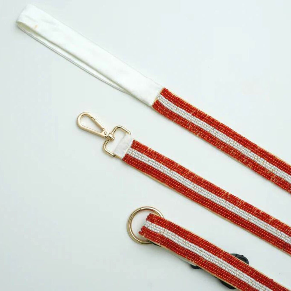 Stripe Pearl Leash & Collar | Red & White | Hand-Embroidered | S/M/L | All Breeds