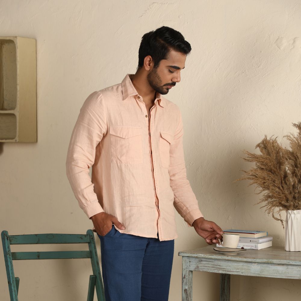 Peach Shirt With Kantha Embroidery | European Linen | Eco-Friendly