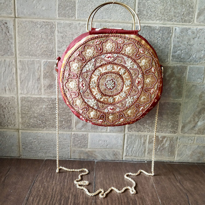 Maroon Circular Sling Bag |  Bandhani Glam | Stylish and Functional