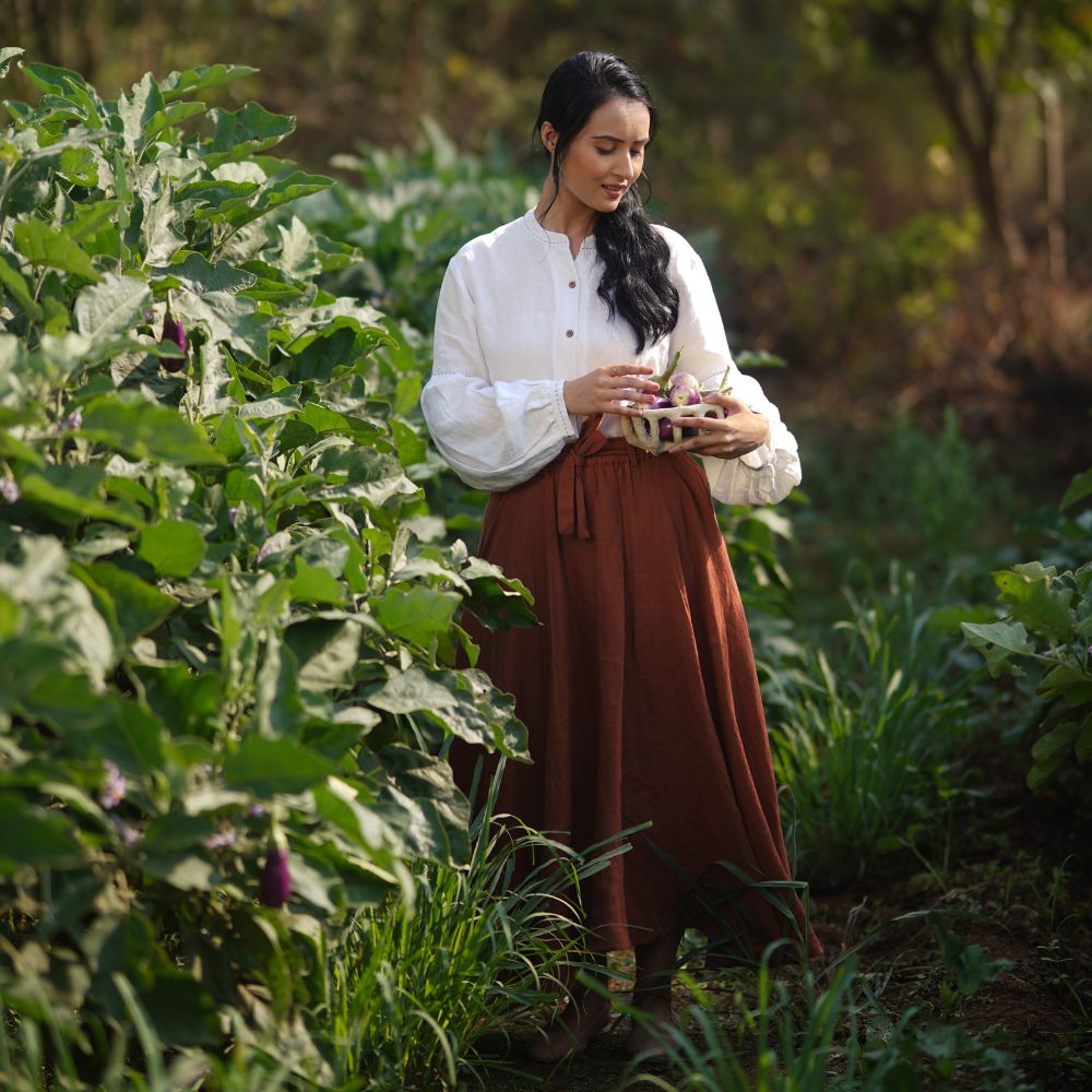 Mud Brown Pleated Long Skirt | European Linen | Eco-Friendly | Sustainable