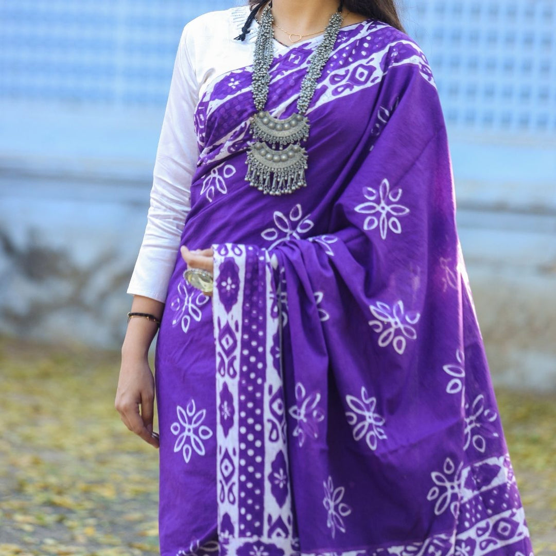 Purple & White Muslin Saree | Artistic Batik Print | Office Wear | Festive 