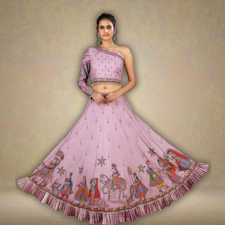 Shuchi Tussar Eri Silk Lehenga Set | Modern Silhouette | Madhubani Art | Hand-Painted  | Lilac