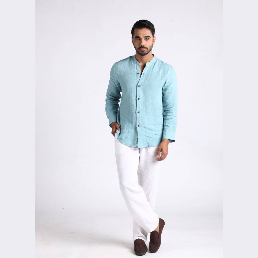 Sky Blue Mandarin Collar Shirt | European Linen | Eco-Friendly | Sustainable