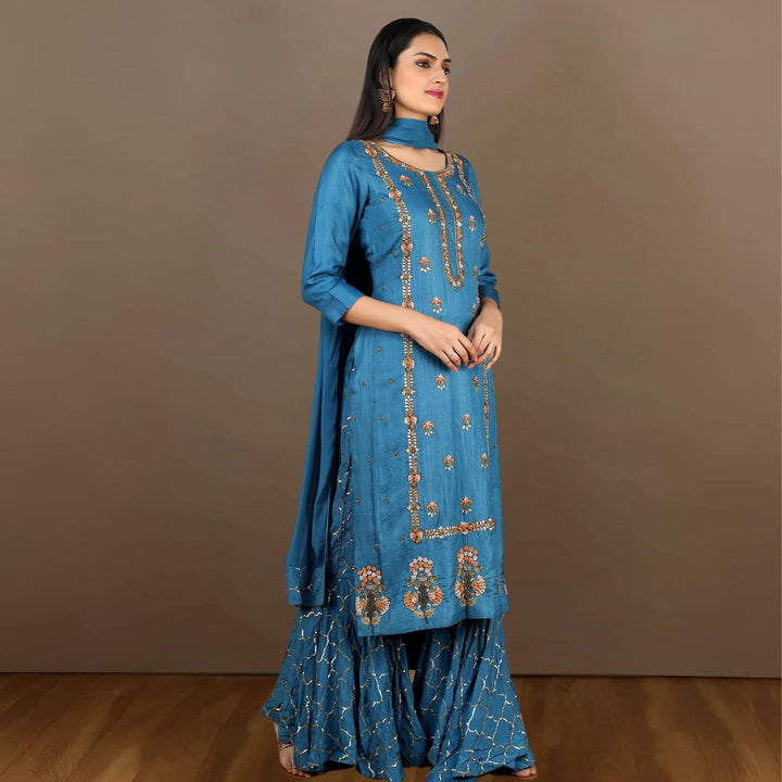 Aqsa Tussar Kurta Gharara Set | Hand-Embroidered | Occasion Wear | Cobalt Blue