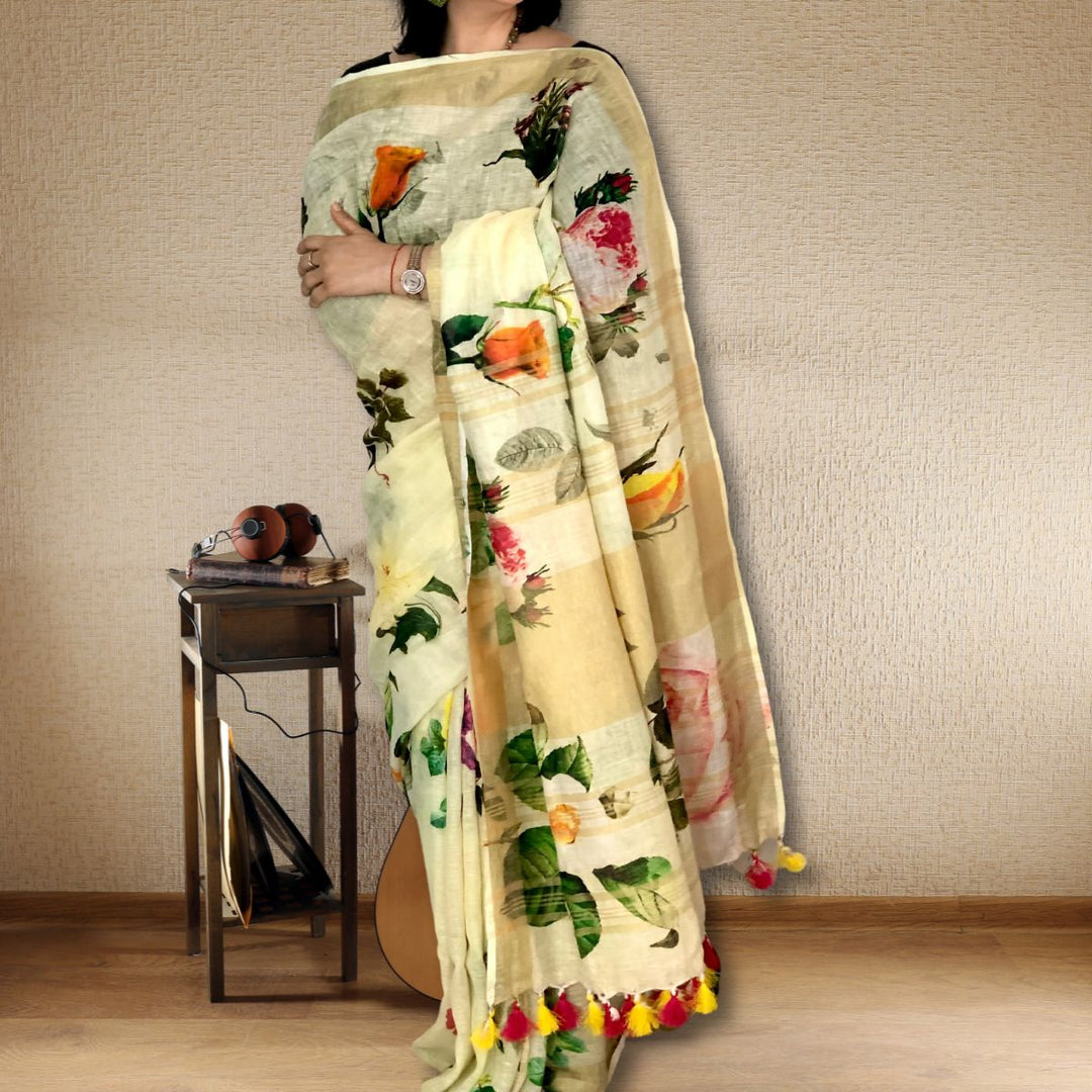 Pastel Green Floral Linen Saree | Refreshing and Vibrant | Delicate | Stylish