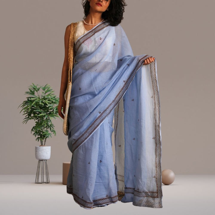 The Laguna Saree | Kota | Hand Block Printed | Steel Blue