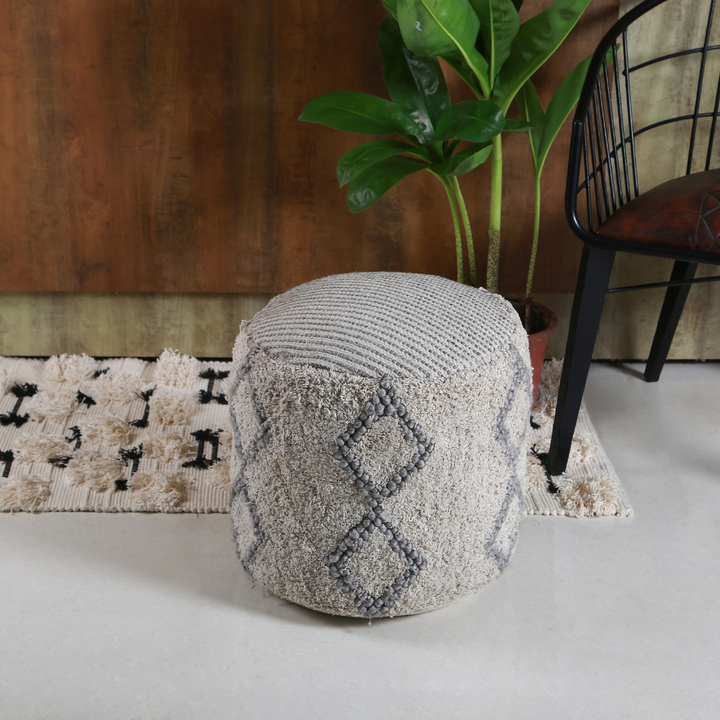 Bohemian Style Ottoman Poufs | Hand-Crafted Abstract Pattern in Grey | 18"