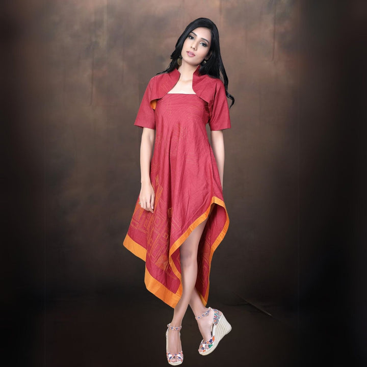 Clovy Asymmetric Dress With Jacket | Sujani Embroidery | Garnet