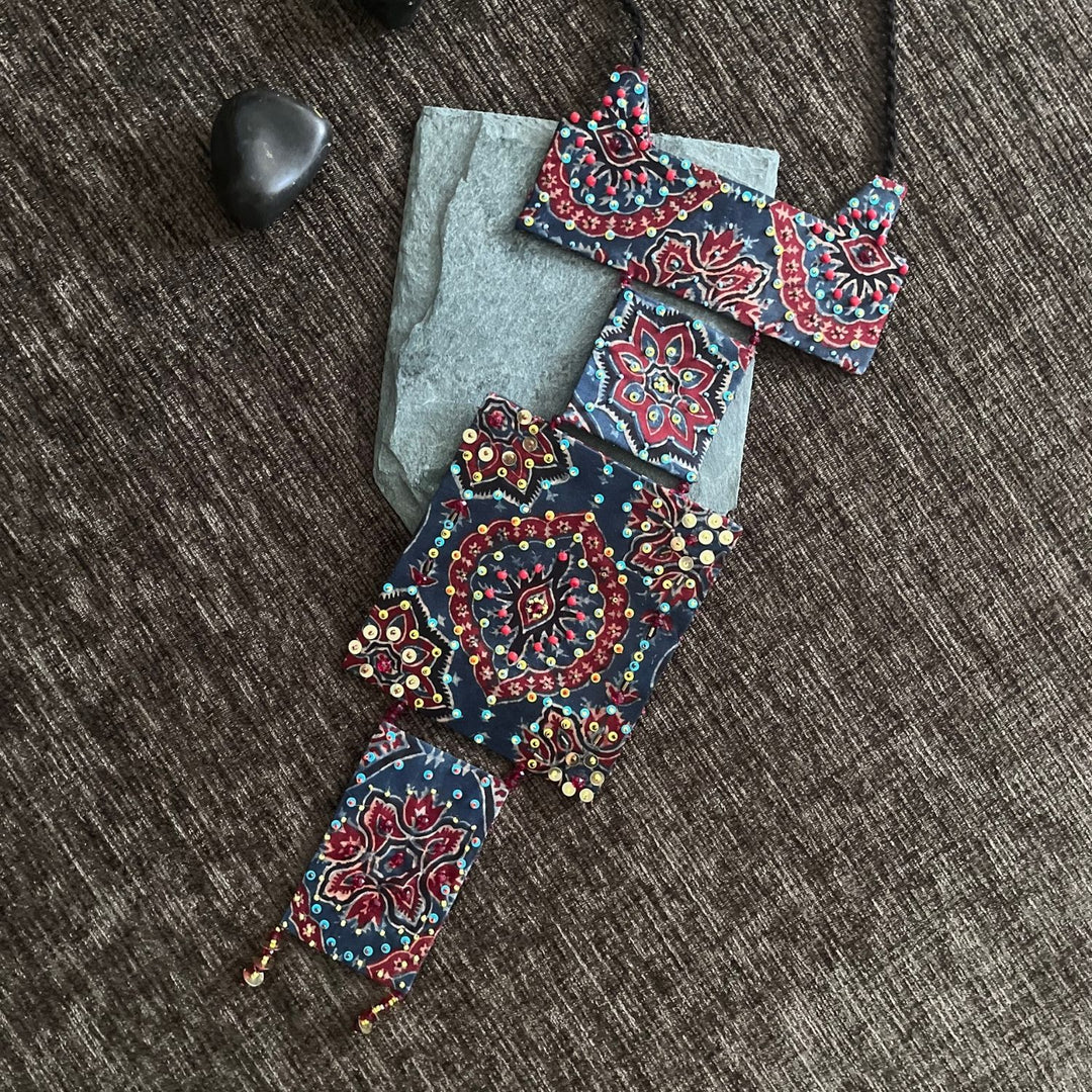 Ajrakh Necklace For Women | Hand Crafted | Block Pattern | Sequin Embellished | Indigo