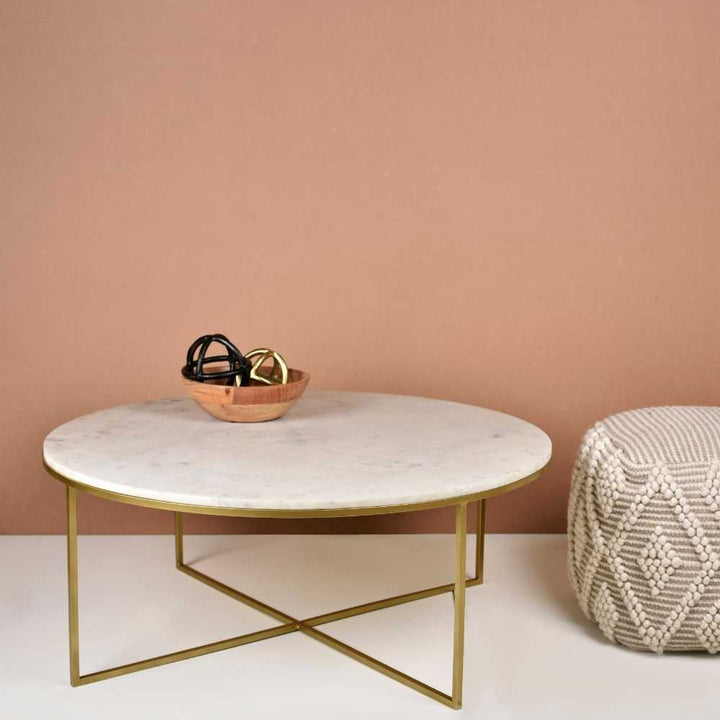 Gold Finish Coffee Table With Round Marble Top | Minimalistic Modern Accent Table | 35x14 Inches