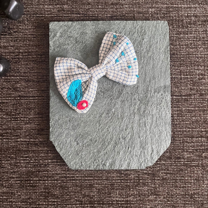 Bow Hair Clip Of Girls | White Check | Embroidered | Floral | Cute & Peppy | Comfortable