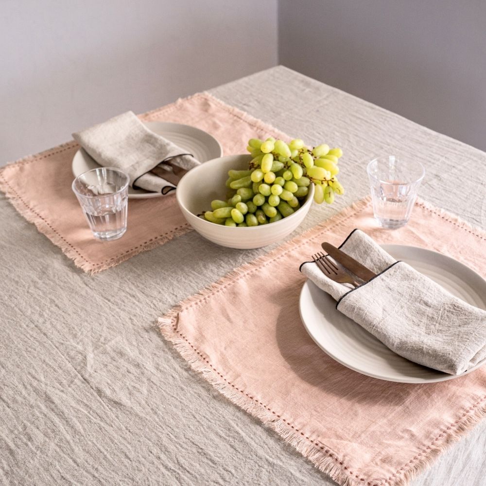 Linen Placemat Set of 2 | Delightful Dine with Kantha Embroidered & Frayed Fringes