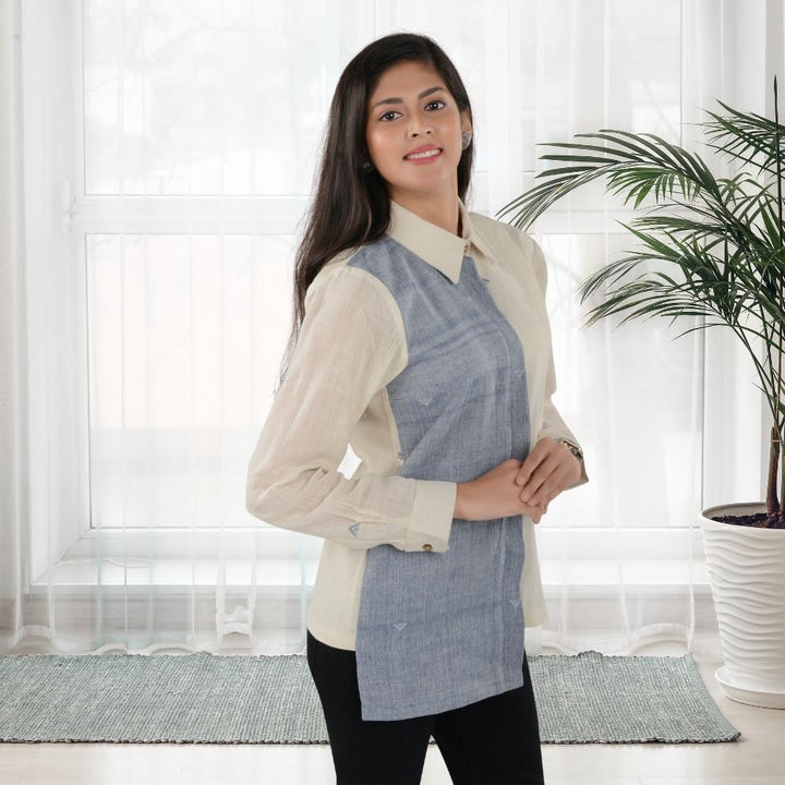 Off-White And Powder Blue Shirt | Kala Cotton | Everyday Elegance