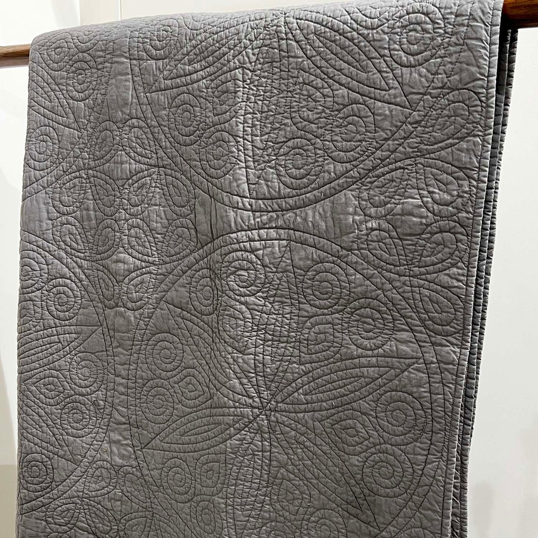 Round Star Flower Embroidered Cotton Quilt | Grey Medallion | 92 x 100 Inch