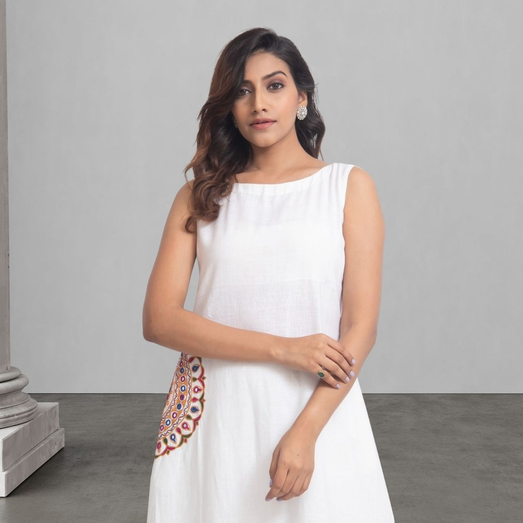 White Kurta For Women | Rebari and Mirror Embroidered | Office Wear 