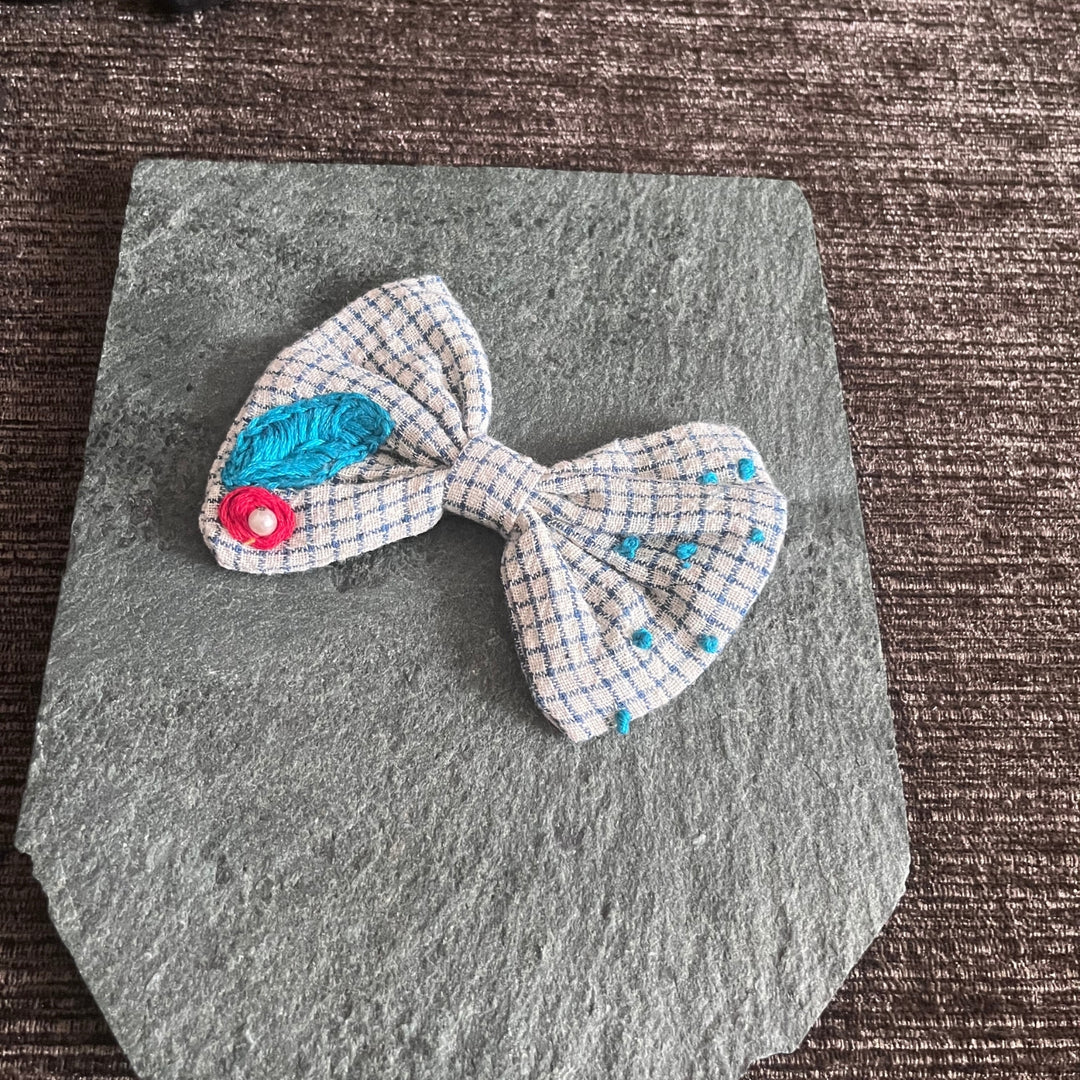 Bow Hair Clip Of Girls | White Check | Embroidered | Floral | Cute & Peppy | Comfortable