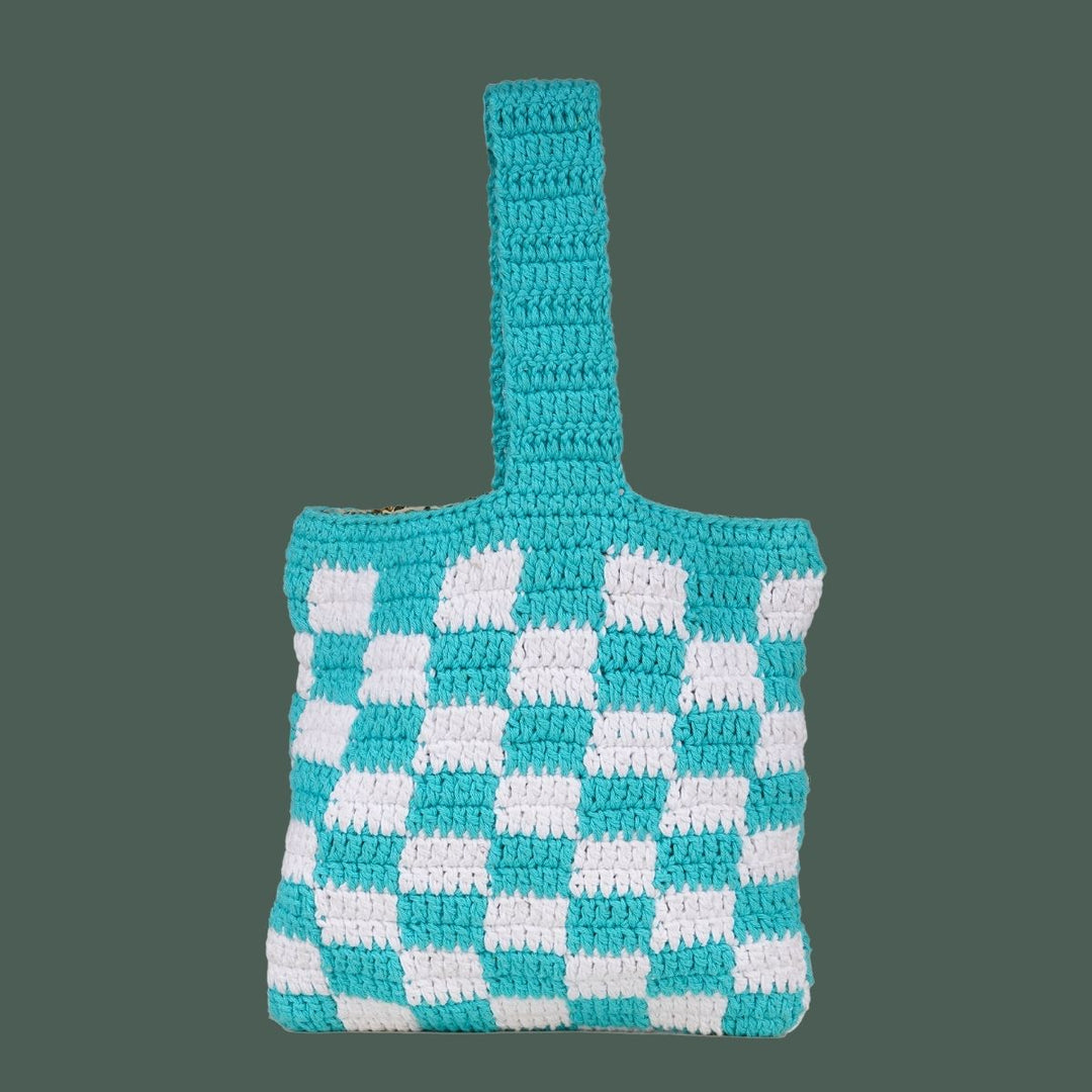 Square Wristlet Hand Bag | Hand-Crochet | Cotton Yarn | Off-White & Turquoise