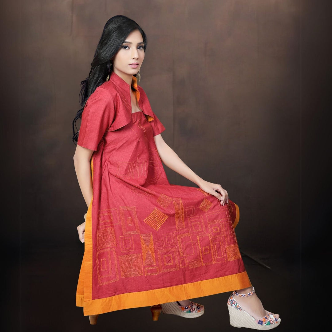 Clovy Asymmetric Dress With Jacket | Sujani Embroidery | Garnet