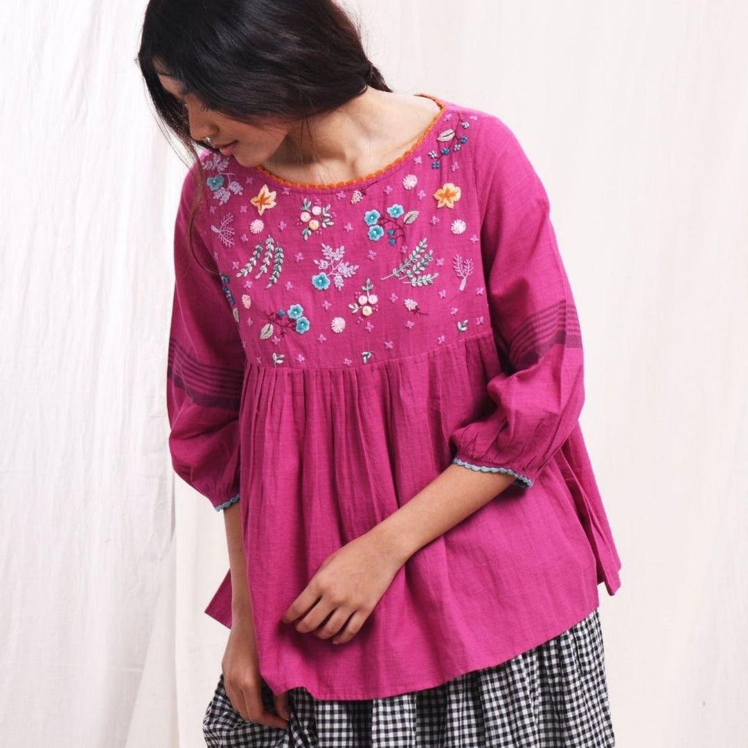 Wild Orchid Hand Embroidered Top | Handwoven | Magenta