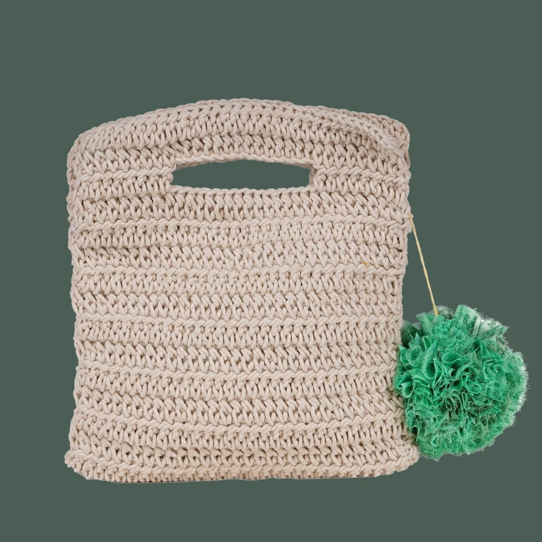 Square Hand Bag | Hand-Crafted & Crochet | Cotton Yarn | Off White