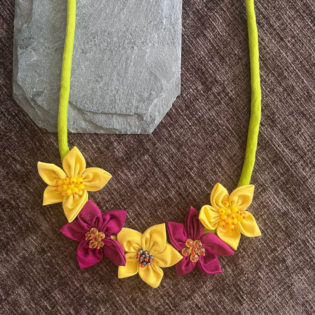 Floral Fabric Necklace For Women | Hand Crafted And Artistic | Yellow & Magenta