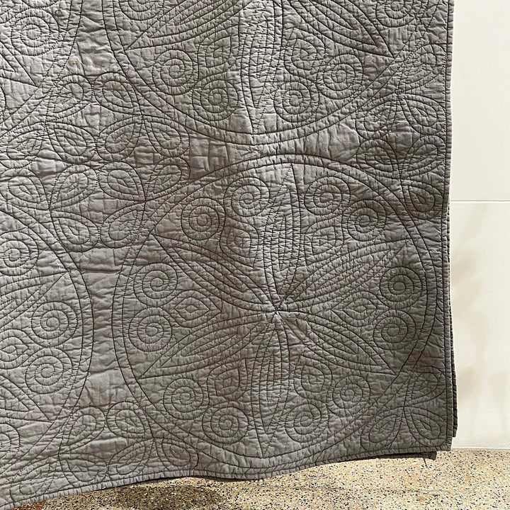 Round Star Flower Embroidered Cotton Quilt | Grey Medallion | 92 x 100 Inch