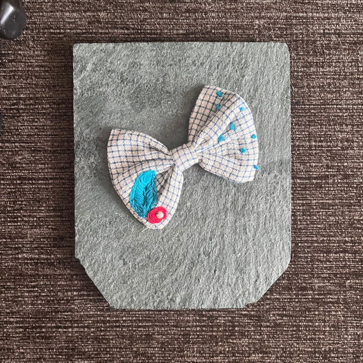 Bow Hair Clip Of Girls | White Check | Embroidered | Floral | Cute & Peppy | Comfortable