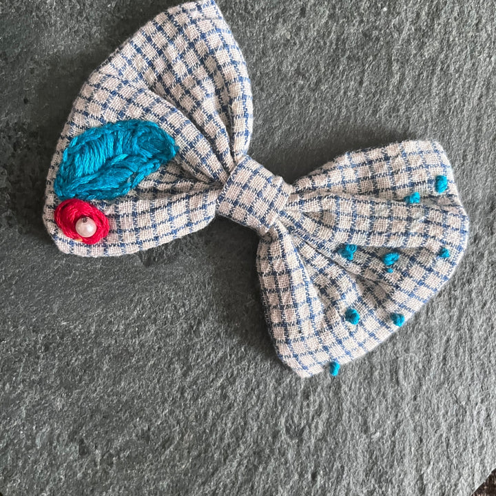 Bow Hair Clip Of Girls | White Check | Embroidered | Floral | Cute & Peppy | Comfortable