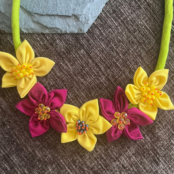 Floral Fabric Necklace For Women | Hand Crafted And Artistic | Yellow & Magenta