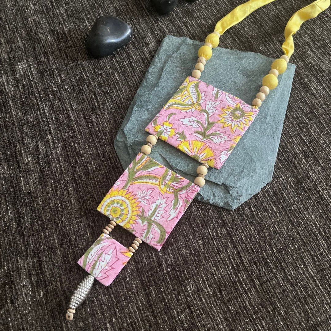 Pink And Yellow Necklace | Asymmetric Design | Fabric Jewelry | Sophisticated Look