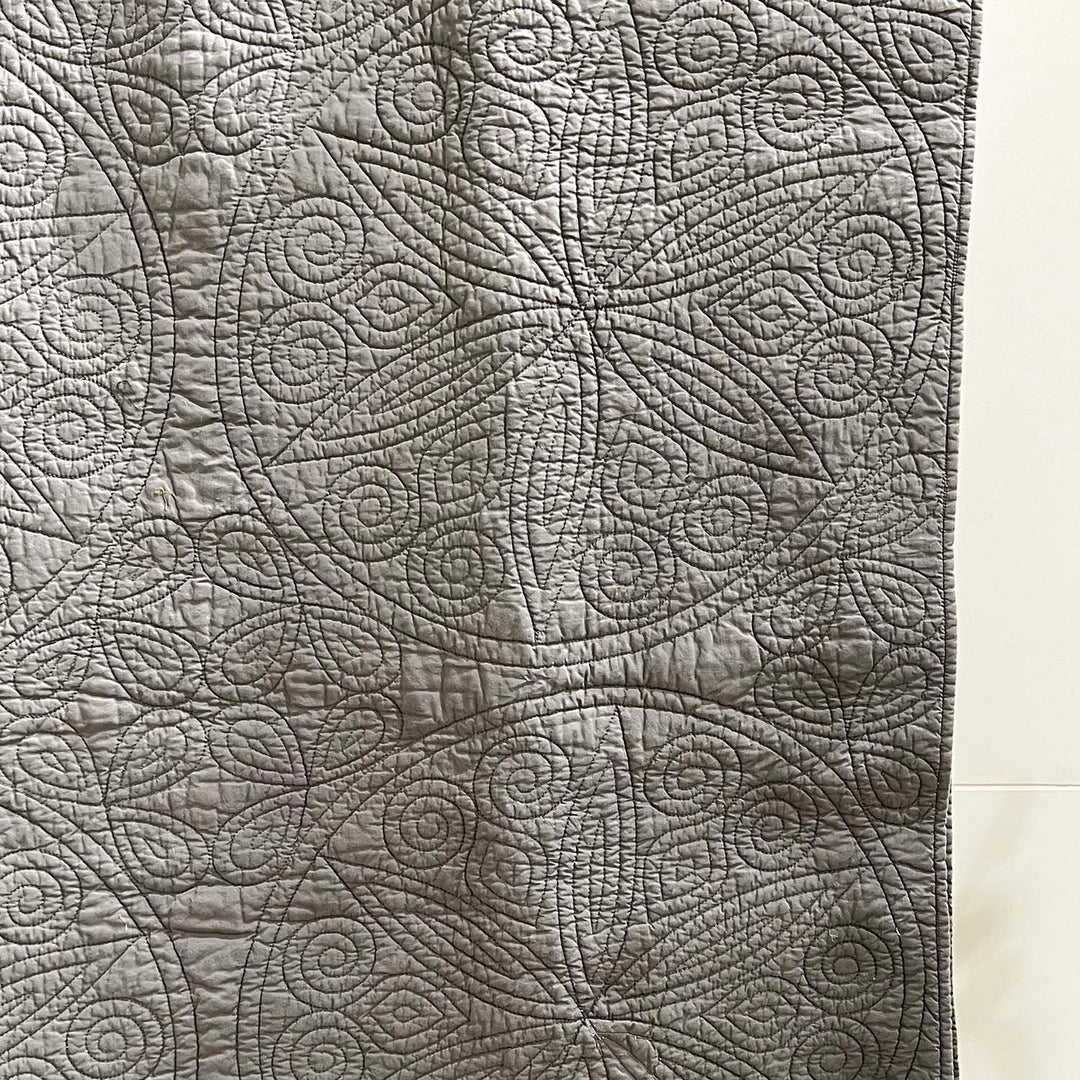 Round Star Flower Embroidered Cotton Quilt | Grey Medallion | 92 x 100 Inch