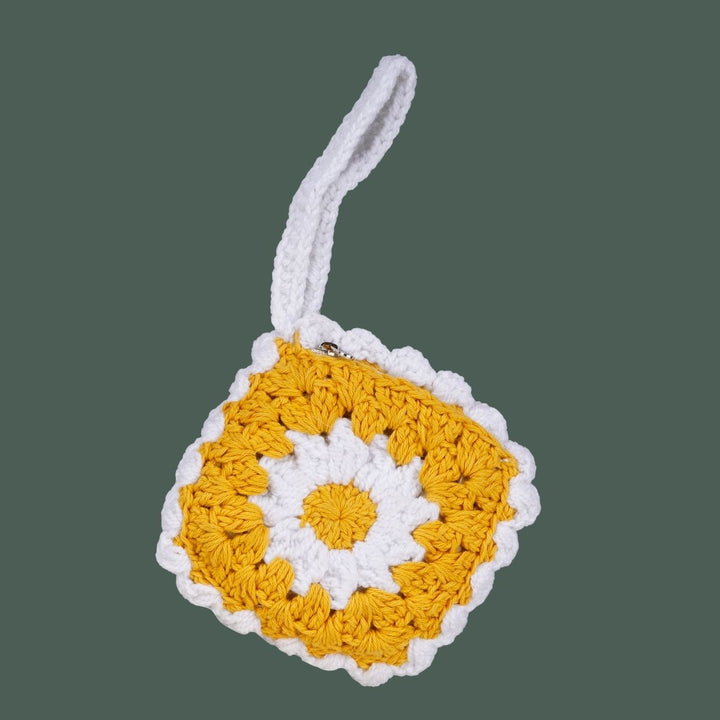 Daisy Wristlet Bag | Hand-Crochet | Cotton | White & Mustard