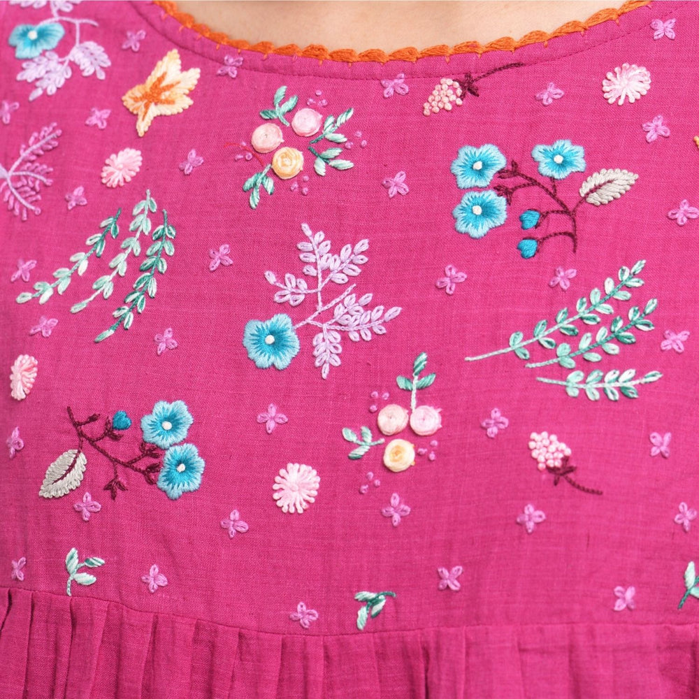 Wild Orchid Hand Embroidered Top | Handwoven | Magenta