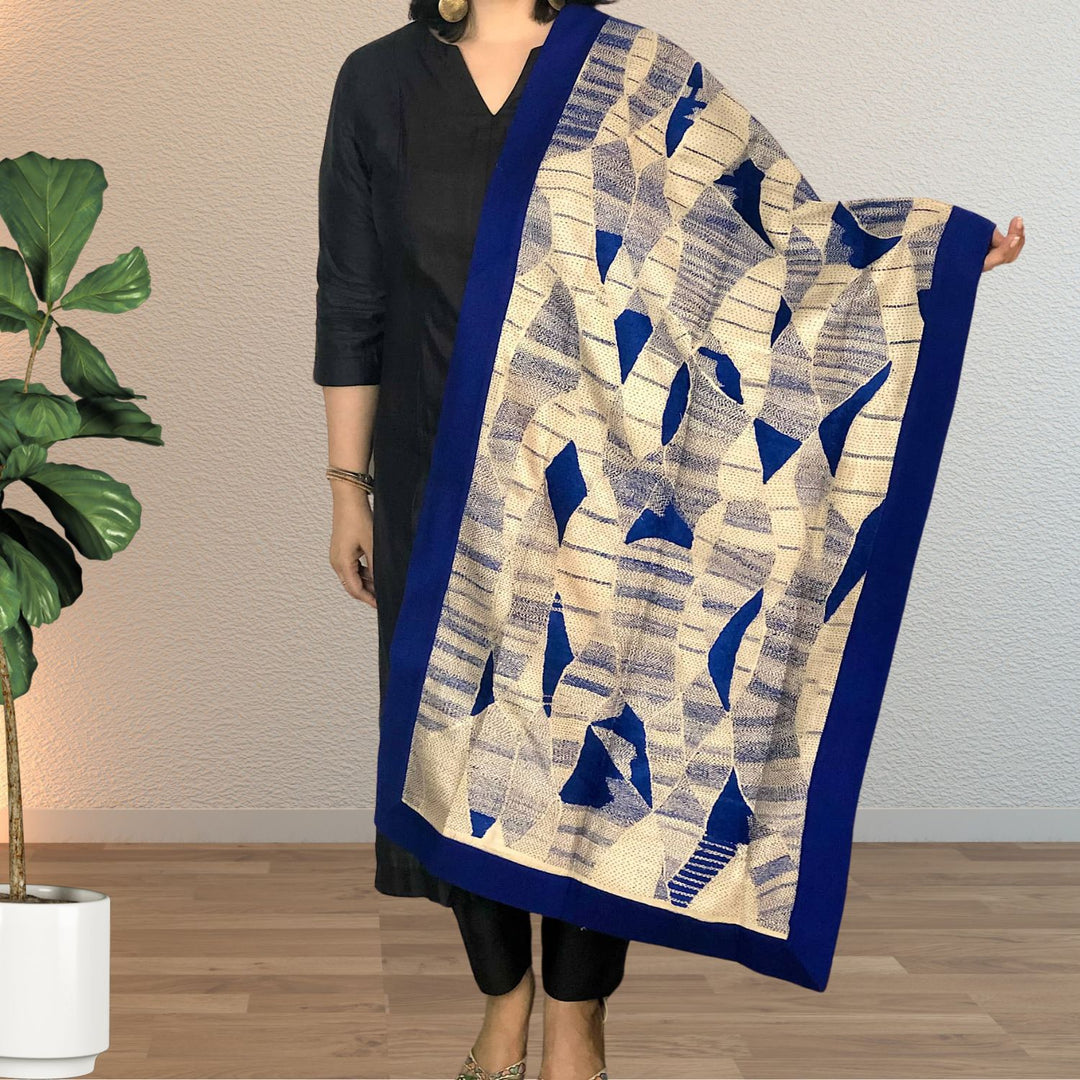 Aashvee Desi Tussar Blue Stole | Sujani Work | Fully Embroidered | Elegant | Graceful | Festive