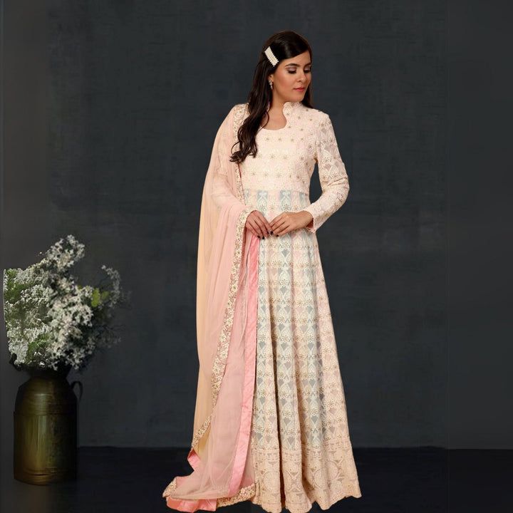 Liba Dual-Toned Lucknowi Anarkali | Hand-Crafted | Striped English Pink & Steel Blue