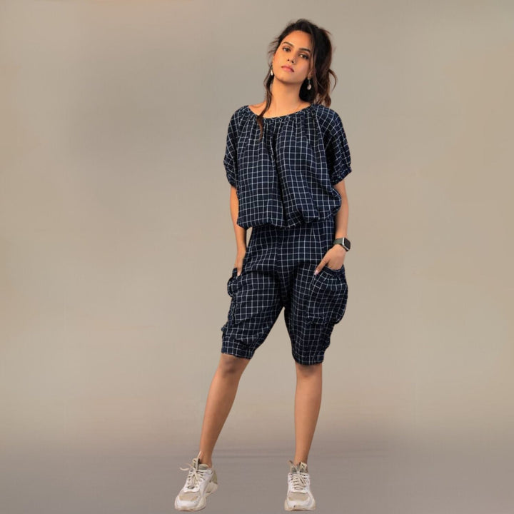 Clavel Ink Blue Check Co-ord Set | Cotton | Easy Breezy Day Wear | Stylish