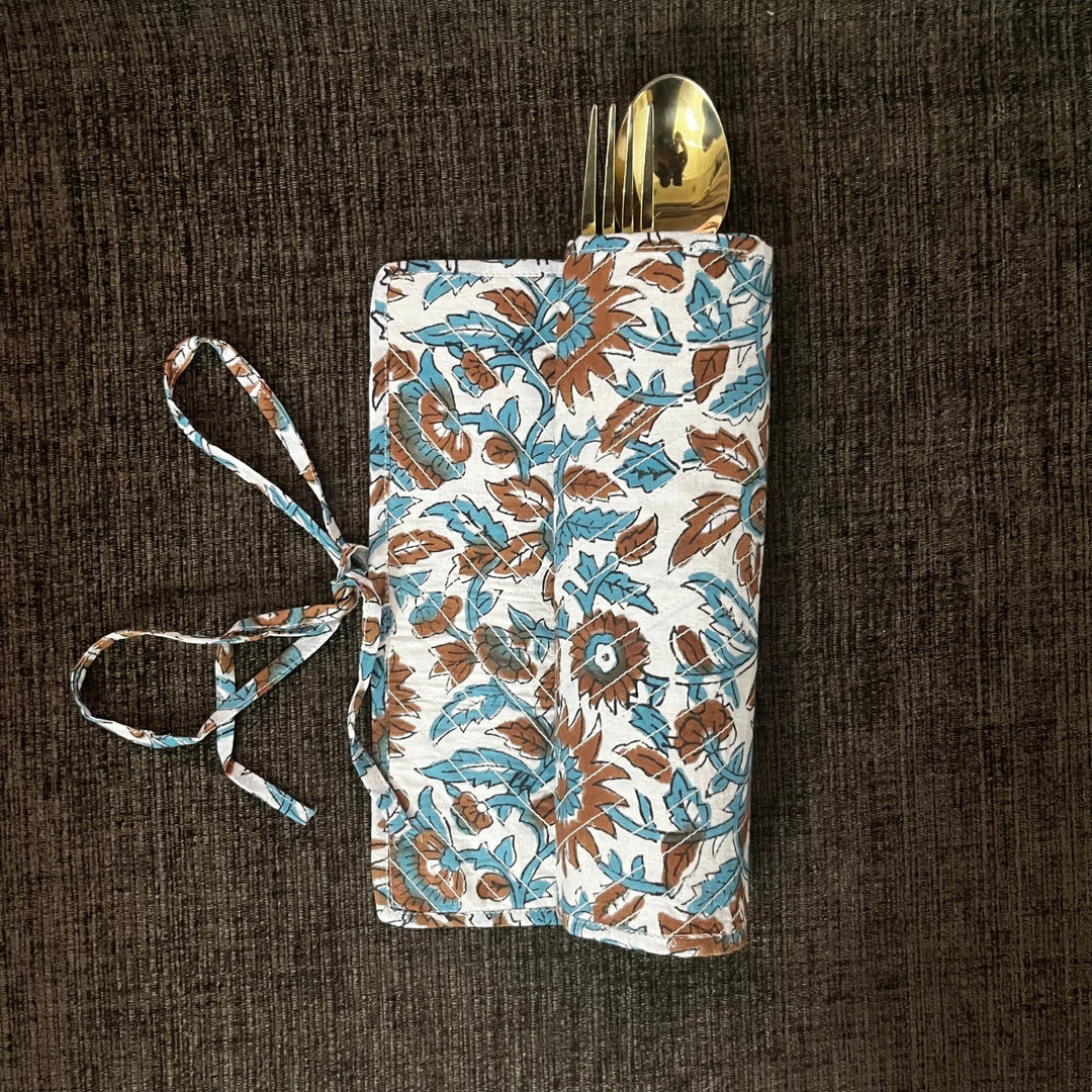 Table Cutlery and Napkin Wrap | Travel Friendly | Blue and Brown