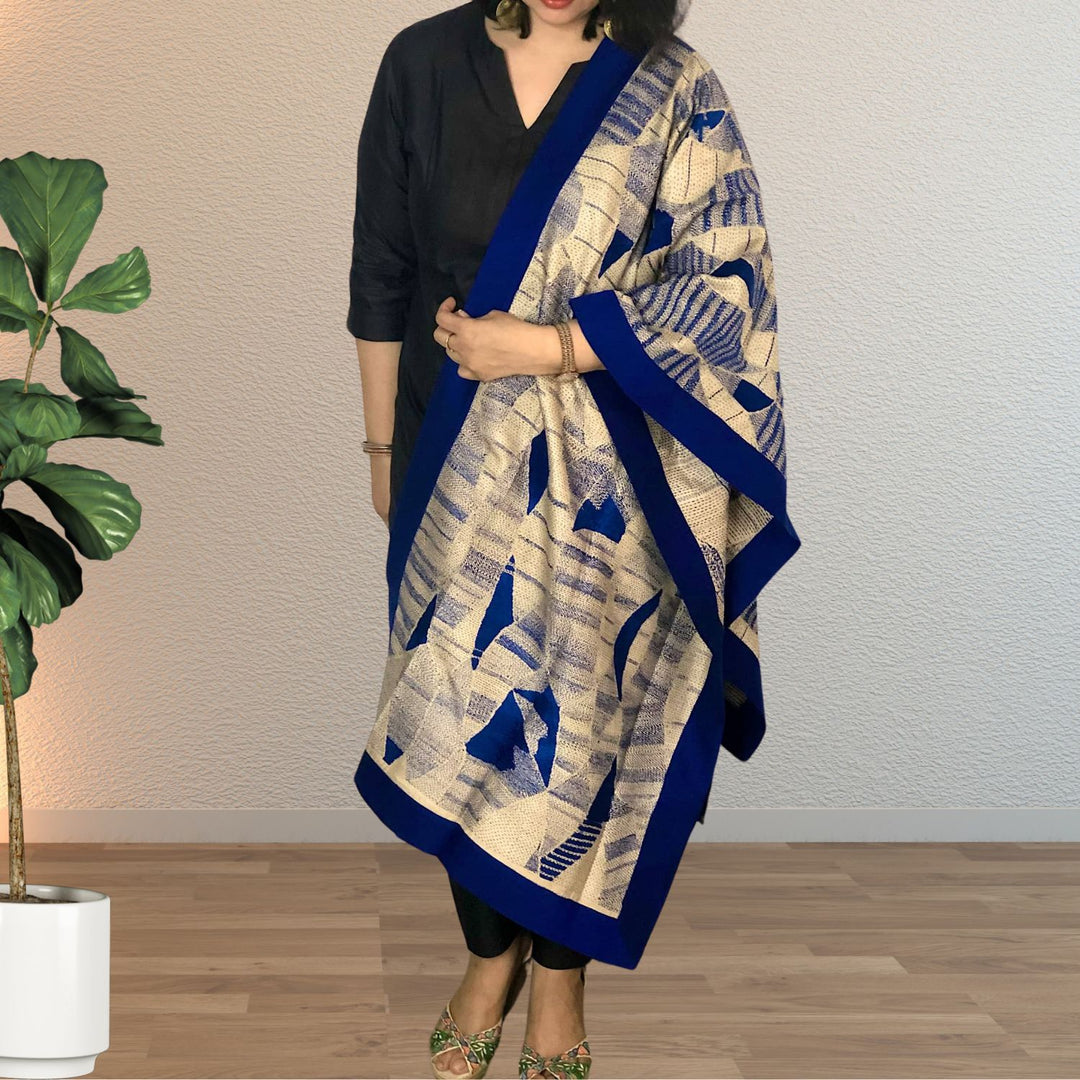 Aashvee Desi Tussar Blue Stole | Sujani Work | Fully Embroidered | Elegant | Graceful | Festive