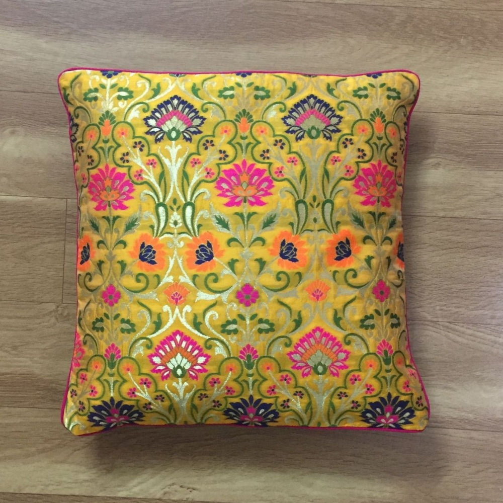 Mustard Yellow Banarasi Cushion Cover | Meenakari Design | 16" x 16"