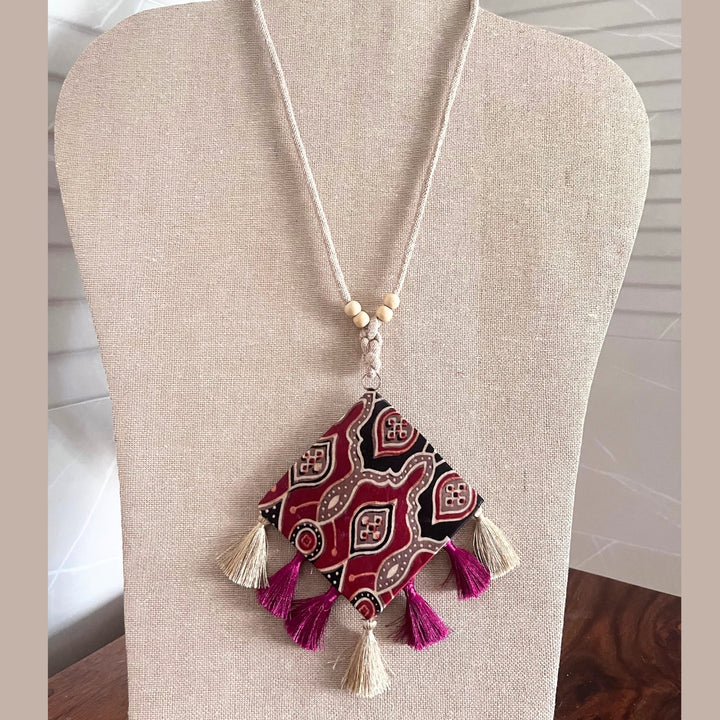 Diamond Shaped Ajrakh Necklace | Hand Crafted | Red & Black Tassel | Fabric Jewelry