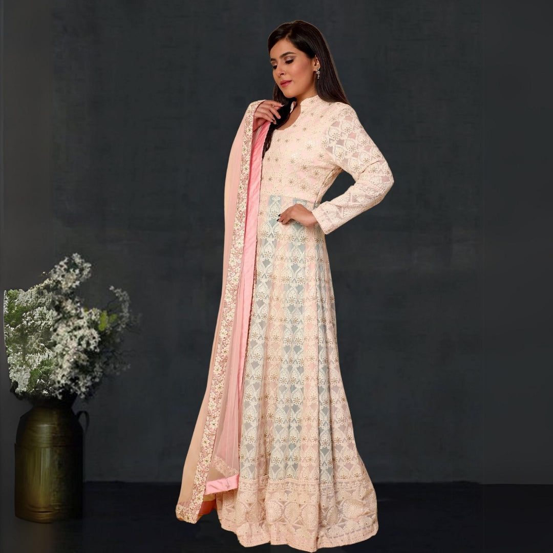 Liba Dual-Toned Lucknowi Anarkali | Hand-Crafted | Striped English Pink & Steel Blue