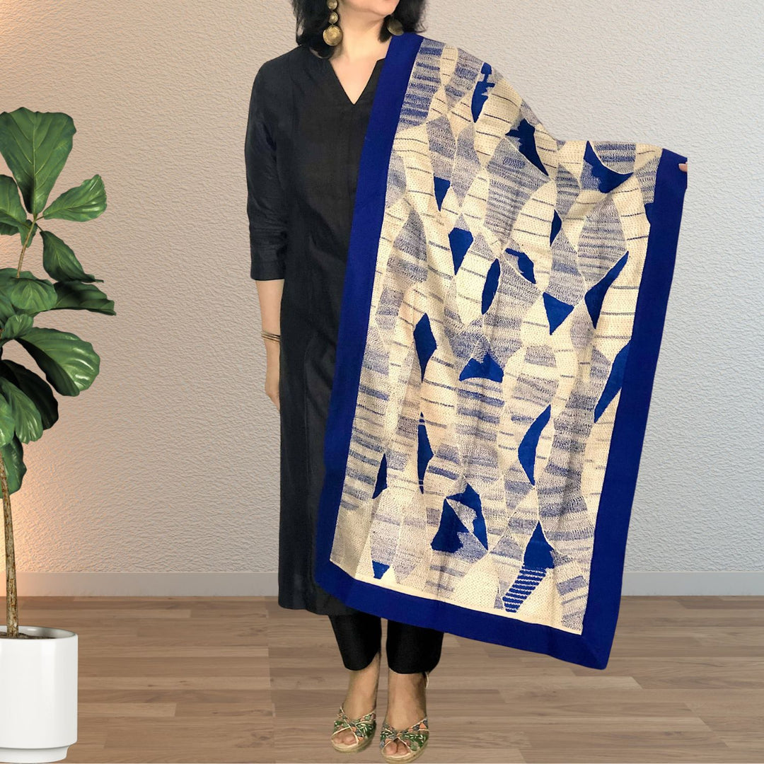 Aashvee Desi Tussar Blue Stole | Sujani Work | Fully Embroidered | Elegant | Graceful | Festive