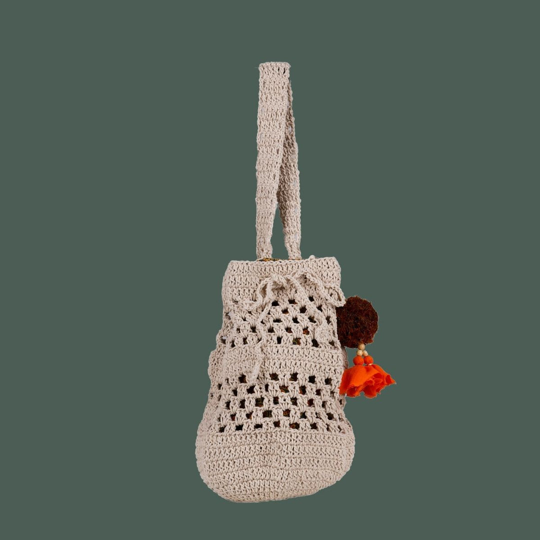 Long Potli Bag | Hand-Crafted & Crochet | Cotton Yarn | Off White