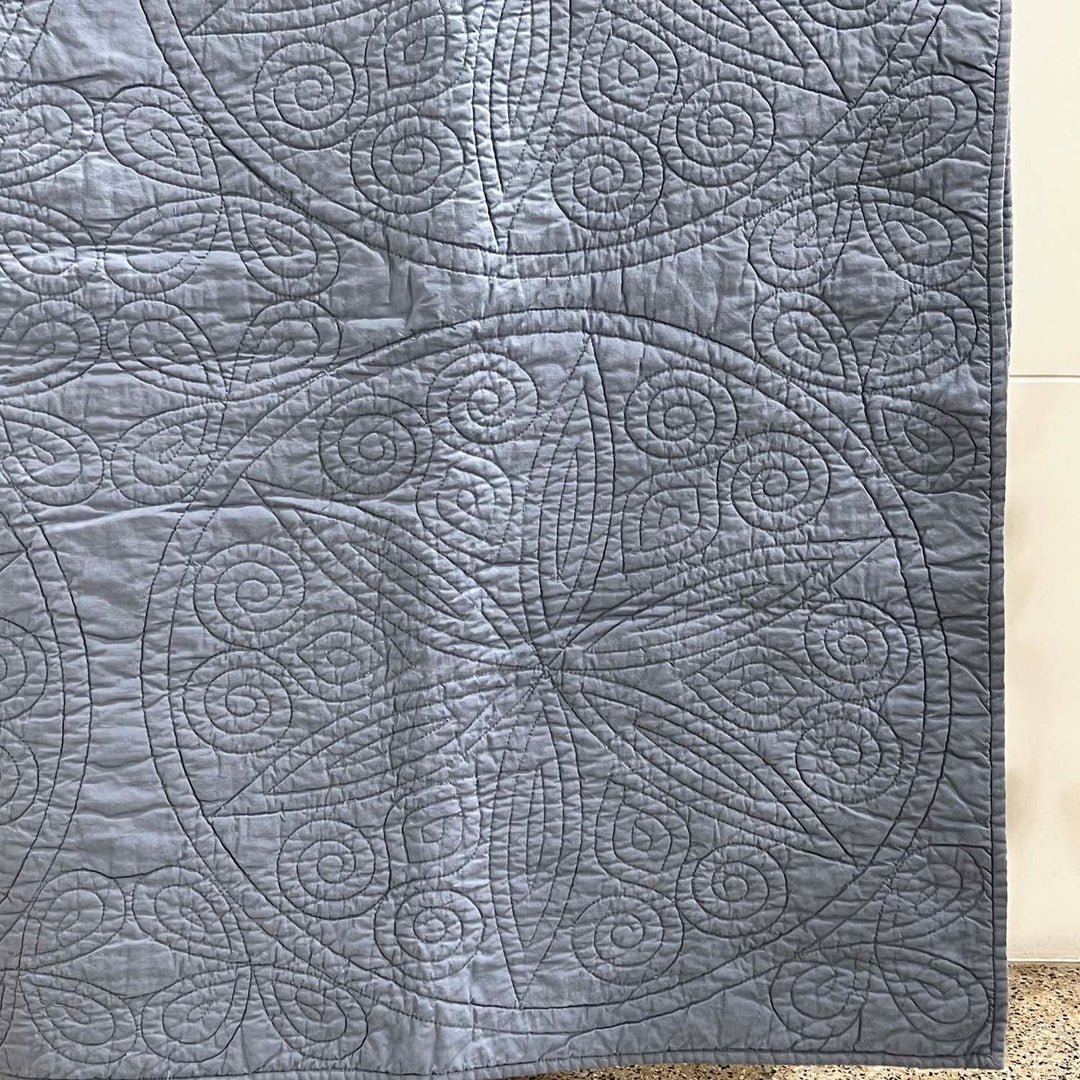 Round Star Flower Embroidered Cotton Quilt | Slate Grey | 92 x 100 Inch