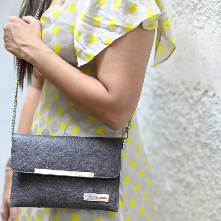 Grey Envelope Sling Bag For Women | Coconut Leather | Detachable Chain