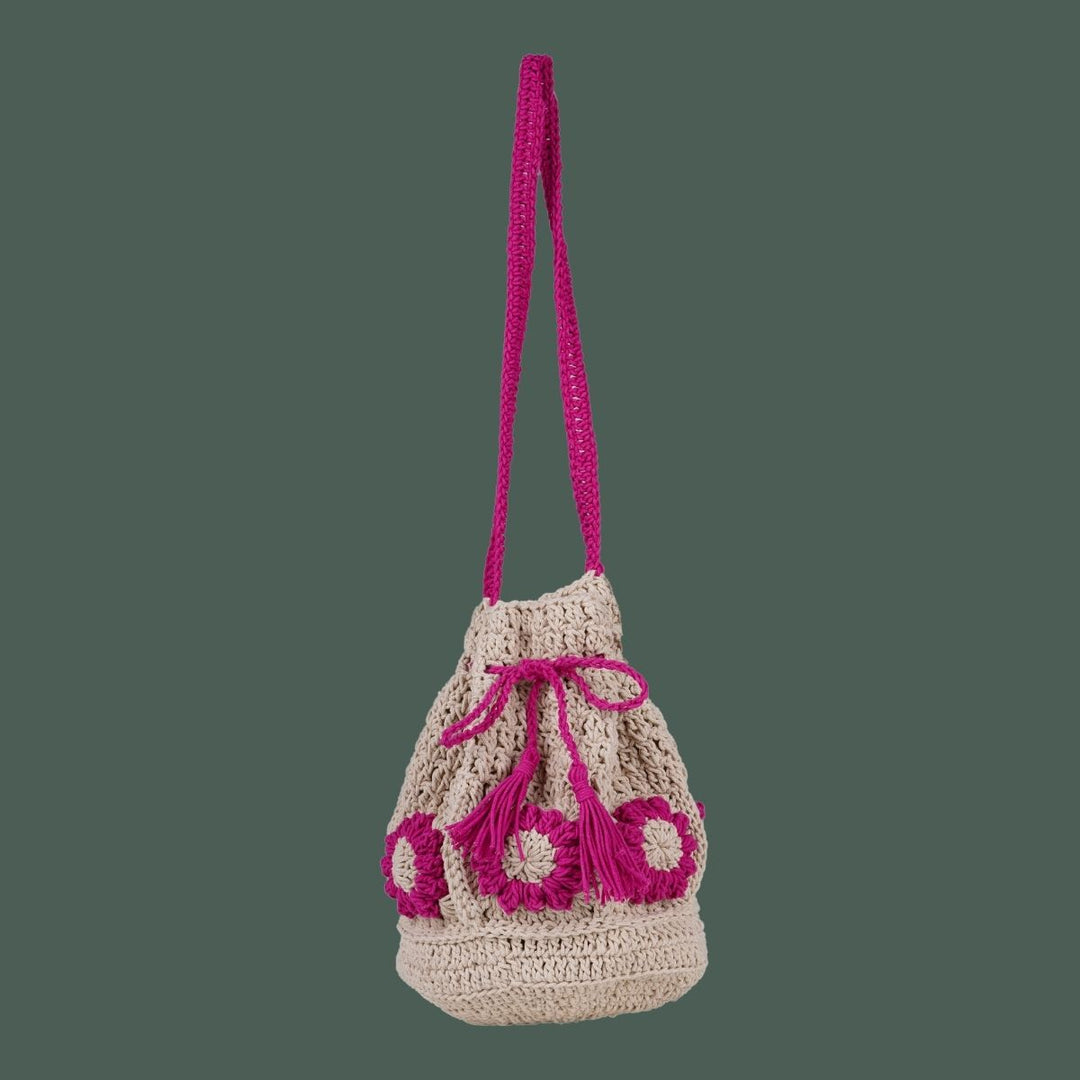 Floral Potli Bag | Hand-Crochet | Cotton Yarn | Off-White & Magenta Pink