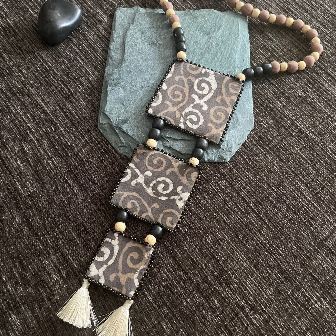 Cacao Brown Necklace For Women | Dabu Printed Fabric Jewelry | Ethnic Look