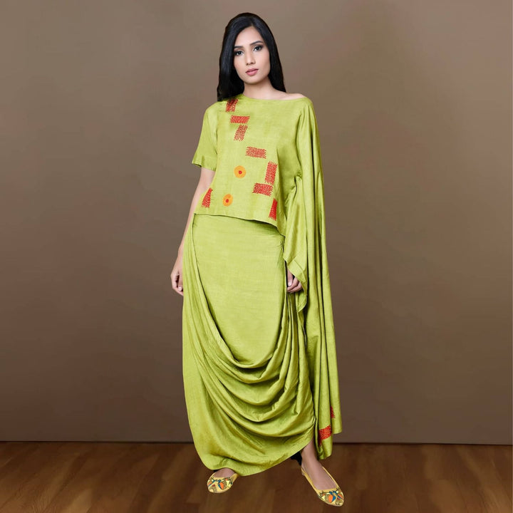 Brena Co-ord Set | Cowl Skirt With Dhoti | Sujani Hand-Embroidered | Green