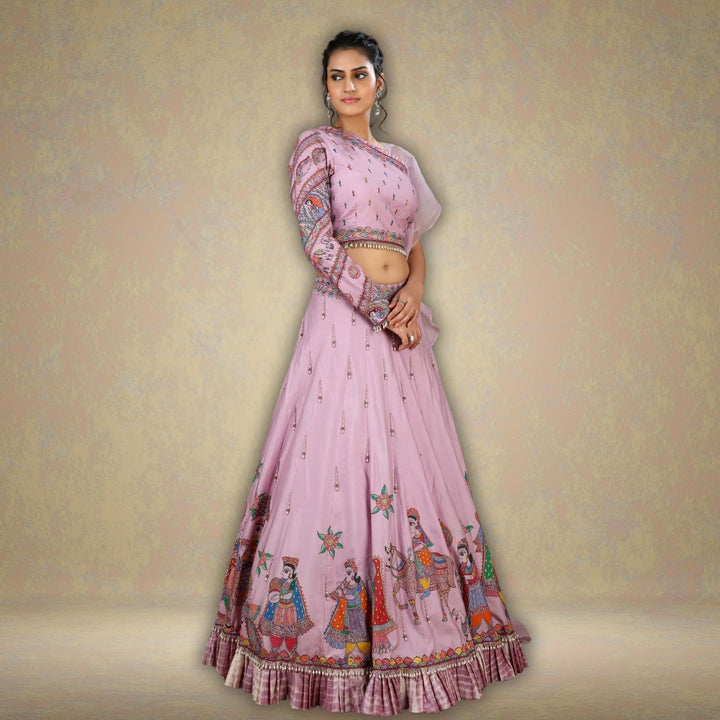 Shuchi Tussar Eri Silk Lehenga Set | Modern Silhouette | Madhubani Art | Hand-Painted  | Lilac