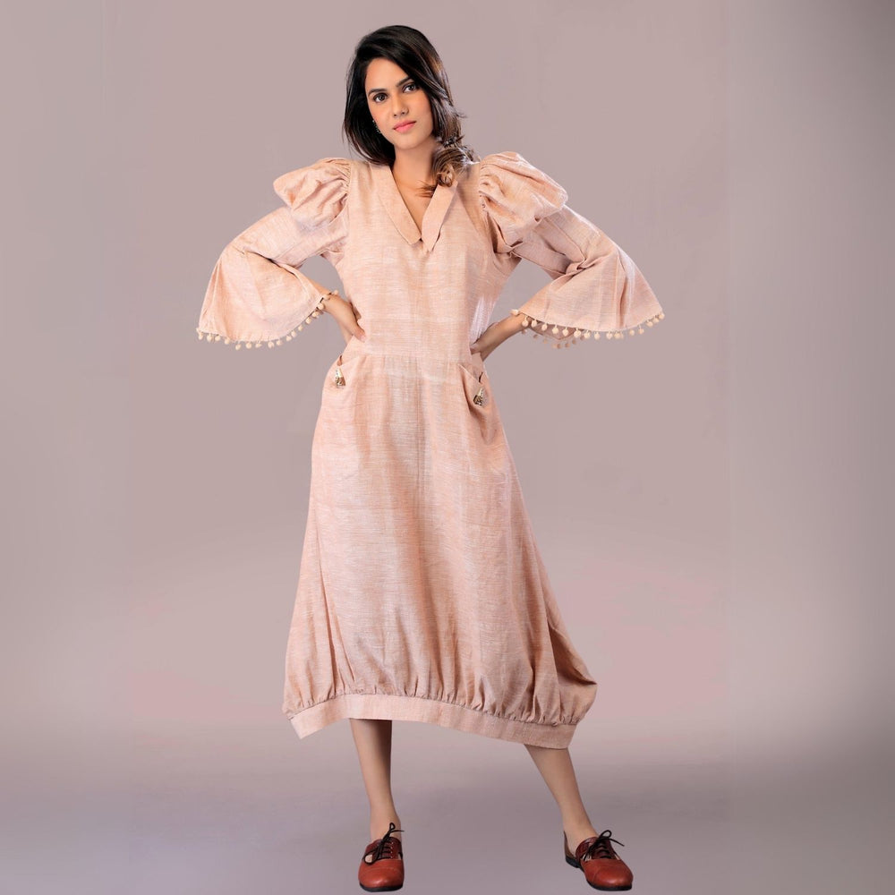 Bowy Affair Dress | Puffed & Bell-Sleeve | Cocoon Style | Easy Breezy Dress | Almond